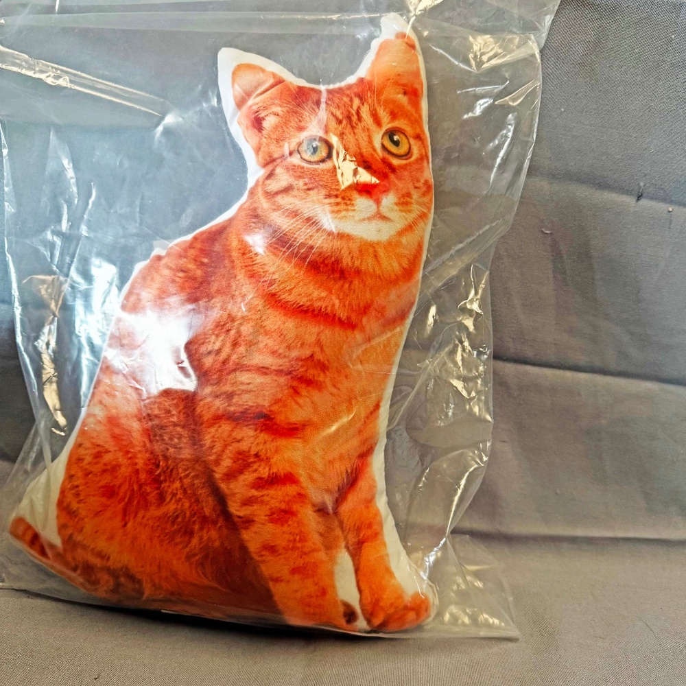 CUSHION, ORANGE CAT FRONT AND BACK, 10 X 13 X 4 INCHES, FULL COLOUR, SEALED IN